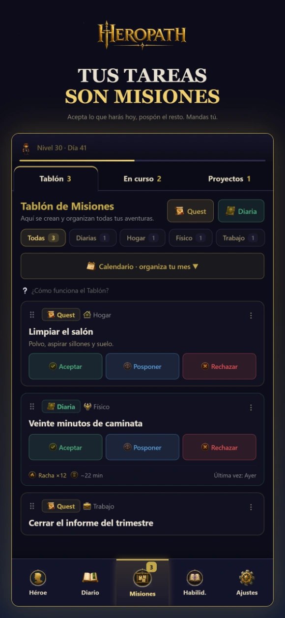 HeroPath en el móvil: el Tablón del día con las tareas convertidas en misiones